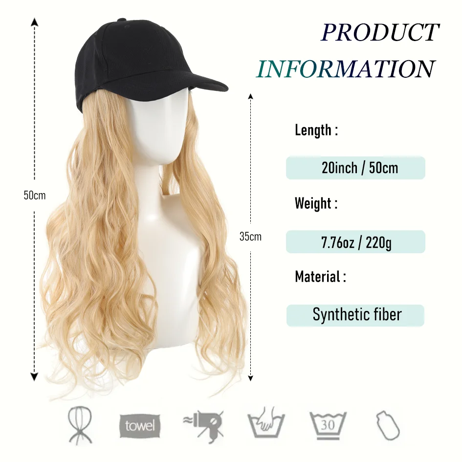 Synthetic Hat Wig 20 inch black baseball cap water wave wig ducktail wig blonde wig brown wig pink wig hat extensions christmas
