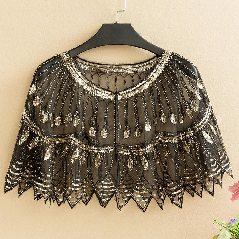 

Vintage Retro Shawl Beaded Sequins Short Tops Party Evening Cloak Wraps Bolero Flapper Cape