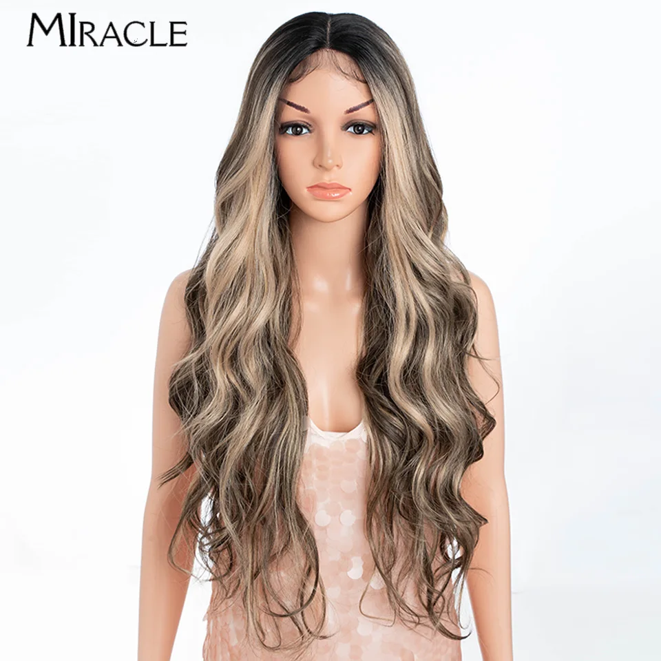 

MIRACLE Synthetic Lace Front Wigs 28 Inch Body Wave Lace Wig for Women Wavy Highlight Brown Cosplay Wig Heat Resistant Fake Hair