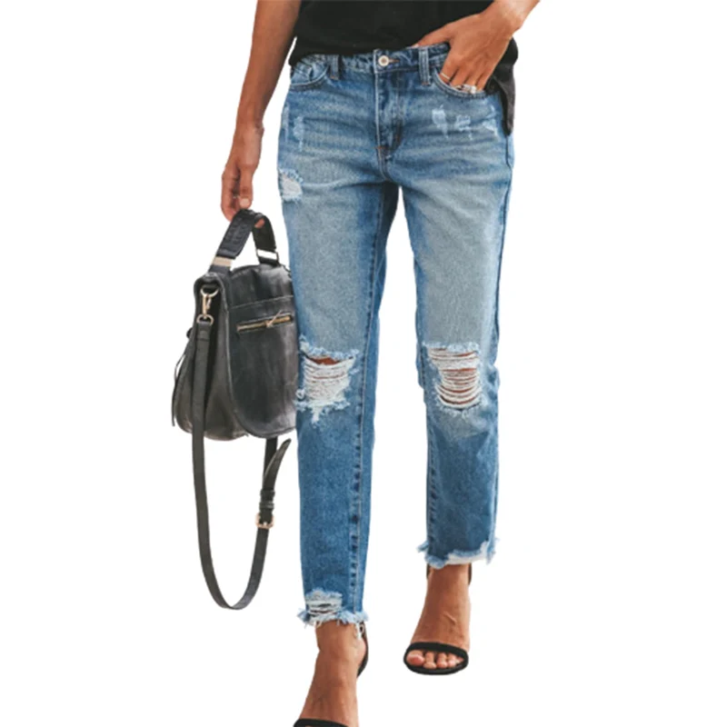 Mid Waist Button Splice Straight Jeans Women Fashion Broken Holes Denim Pants Nine-minute Trousers Lady Trend Casual Streetwear women s broken holes denim harem trousers versatile and thin high waisted nine minute old dad jeans