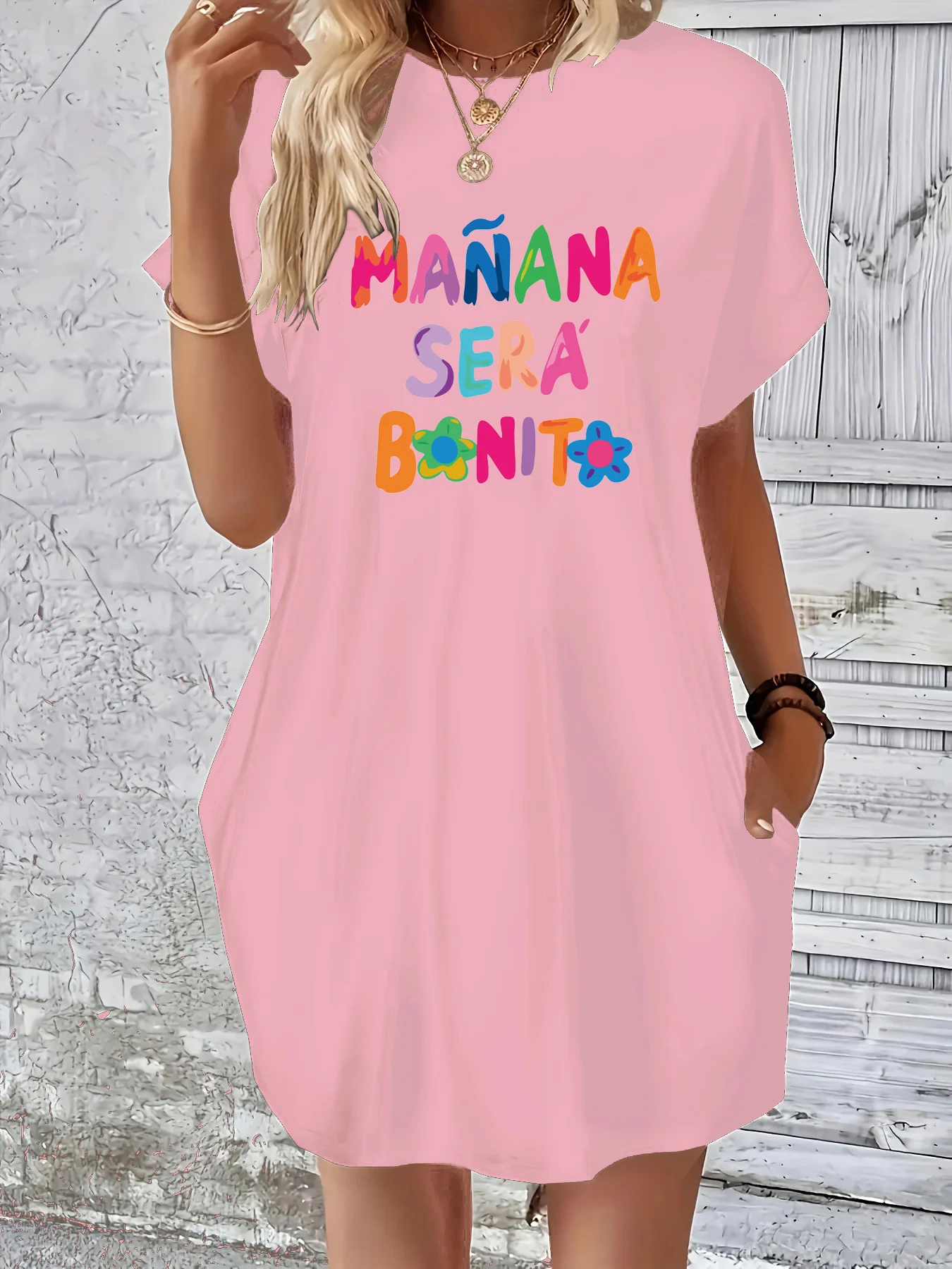 MANANA carta impressão solta manga curta em torno do pescoço bolso verão vestido feminino casual plus size vestido casual