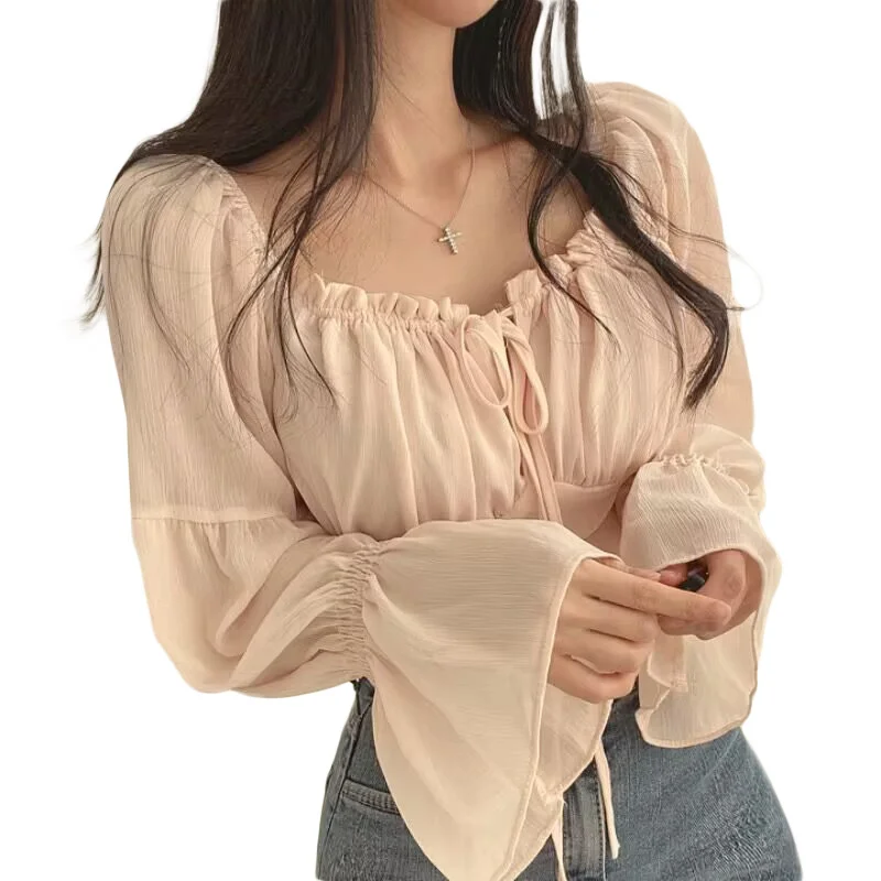 Blusas Y2K para mujer, de color liso, con cordón, lazo y volantes, de manga larga, fruncidas, tops cortos, ropa elegante de calle