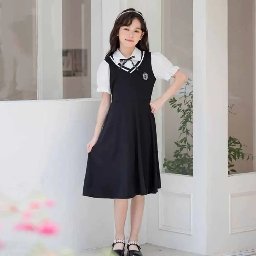 Pleated Girls False Two Dress Preppy Style Short Sleeve Summer Kids Dresses Beach Vacation Teenagers Children A-line Dress Beach