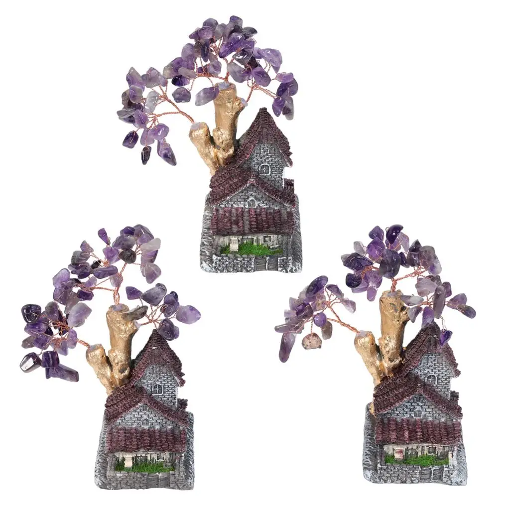 Natural Amethyst Crystal Money Tree Resin House With Simulation Grass Micro Landscape Figurine For Home Decor Ornaments