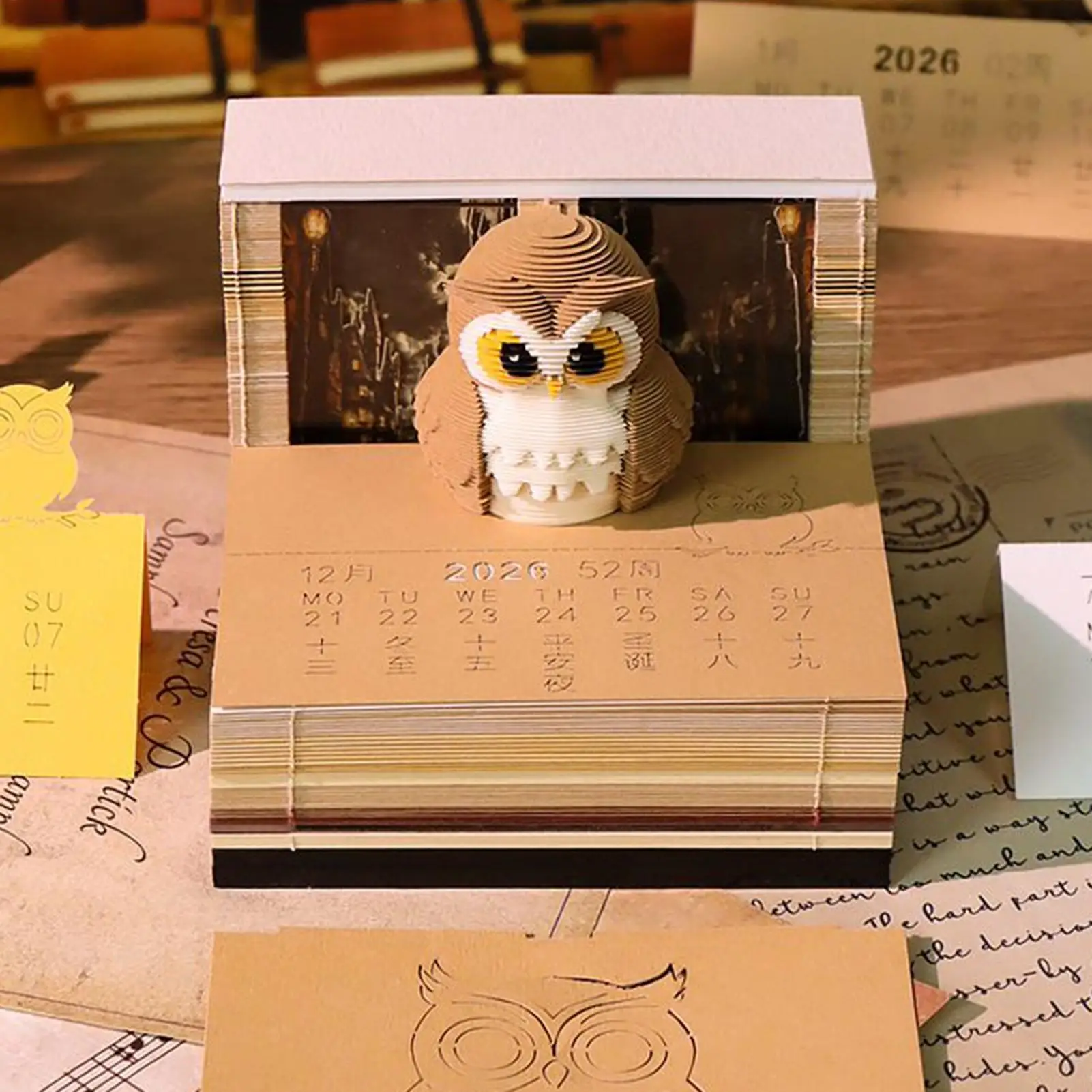 Time Piece Calendar 2026 Desk Calendar With Light 3D Art Owl Calendar Paper Carving Art Memo Pad Notepad Gift for Christmas Gift