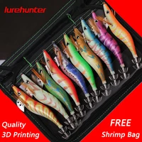 10PCS with Shrimp Bag 3D Printing 2.5 3.0 3.5 Hook Luminous Squid Jig Fishing Wood Shrimp Lure Squid Cuttlefish Jigs Lures