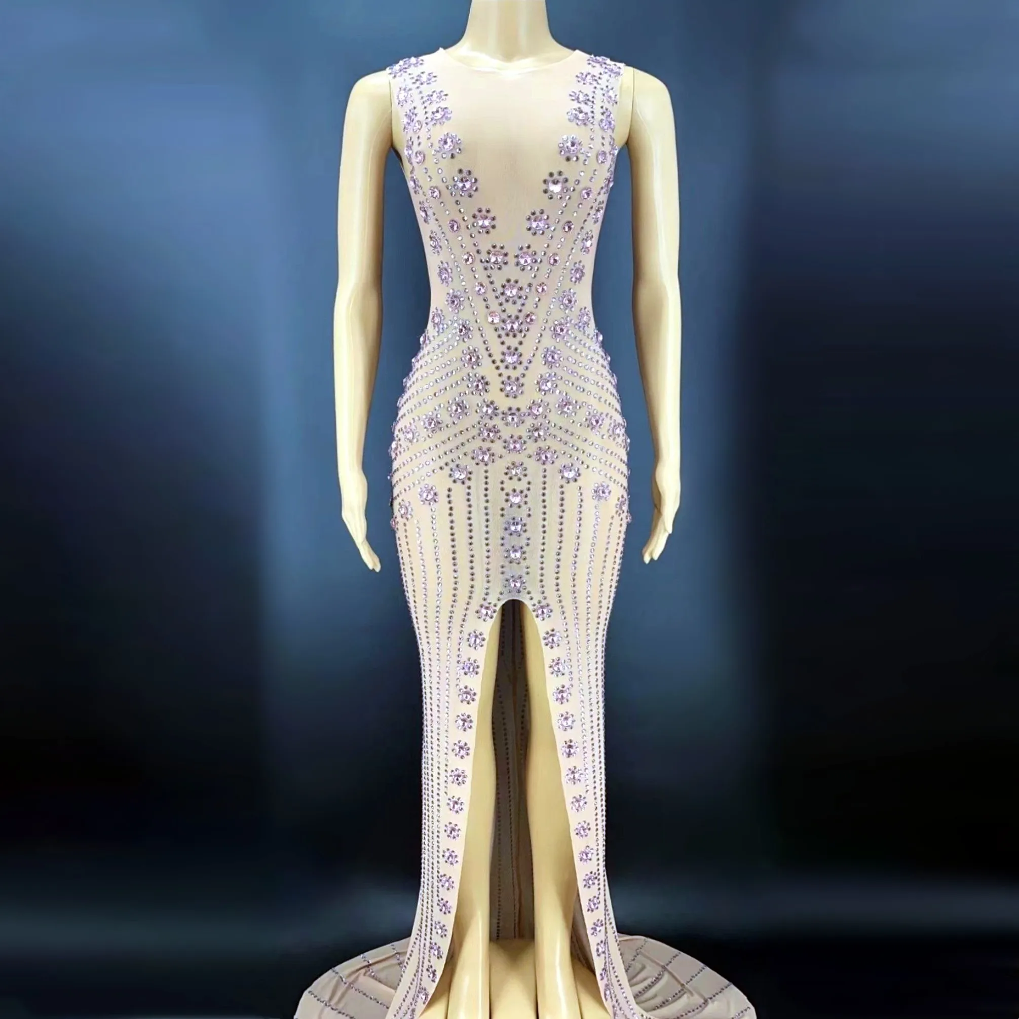 

Sparkly Rhinestone Sleeveless Long Train Dress Elegant Evening Celebrate Gown Party Birthday Dress Sexy Singer Show Stage Wear