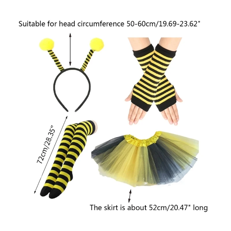 Bee Costume Set Bee Ears Headband Tutu Knee High Socks Sleeve Glasses for Kids Adult Halloween Costume Cosplay Party images - 6