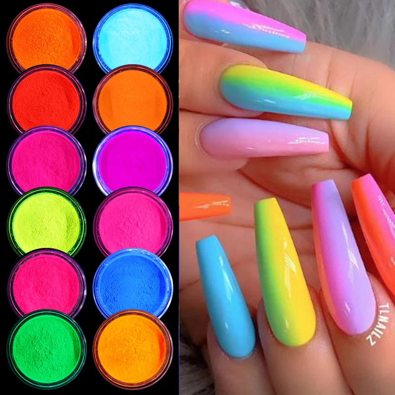 12 Boxes Neon Pigment Powder Set Fluorescent Nail Glitter Shinny Ombre Chrome Dust DIY Gel Polish For Nails Art Decor 6 Boxes nail powder,nail glitter,nail pigment,nail decoration,nail decorations,nail flakes,nail powder set