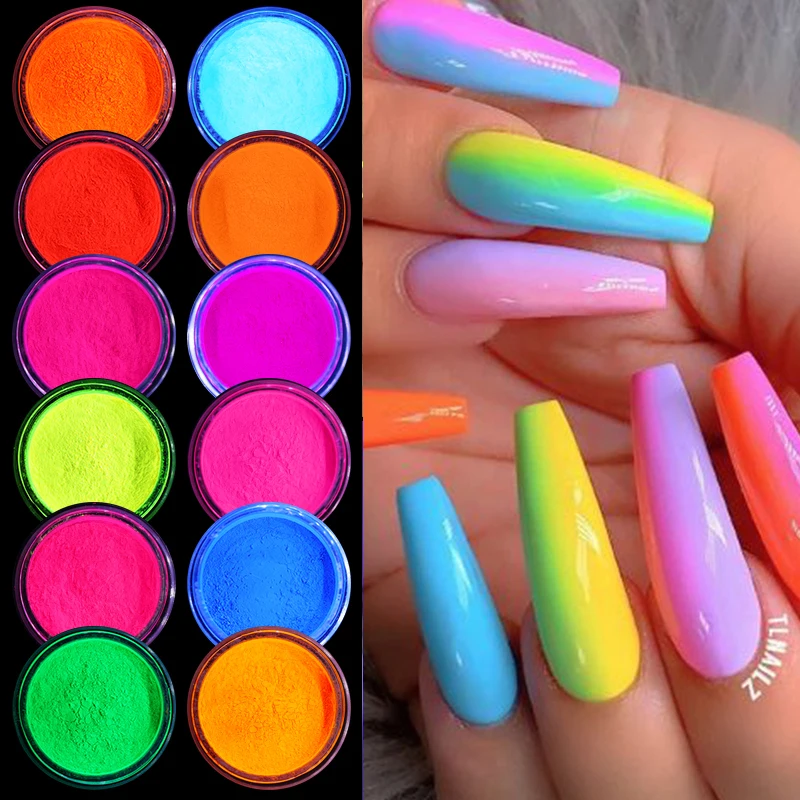 6 Boxes Glow in the Dark Nails Acrylic Powder Manicure Fluorescent Luminous  Effect Phosphor Pigment Set
