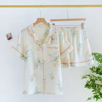 Japanese new style summer cotton short-sleeved shorts pajamas suit women double gauze cute strawberry thin home service women - Image 3