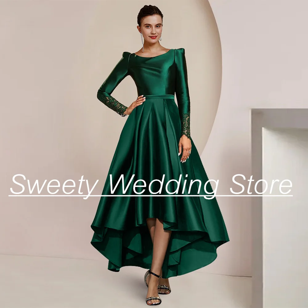 

Изумрудно-зеленое атласное платье для матери невесты с длинным рукавом глубоким круглым вырезом кружевное с закрытой спиной ТРАПЕЦИЕВИДНОЕ ПЛАТЬЕ для гостей свадьбы Вечерние платья