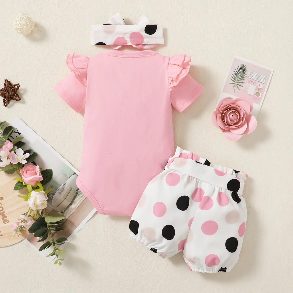 0-18 Months Newborn Baby Girl Clothing Ruffle Short Sleeves Bodysuit+Wave Point Shorts +Headband 3PCS Summer Clothes Outfit Set 5