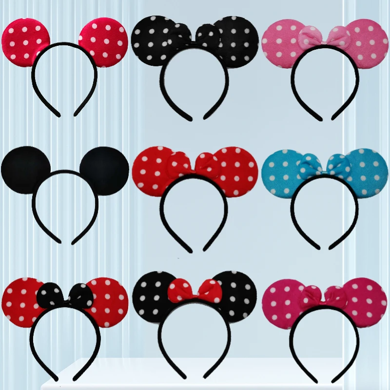 Disney Wave Point Big Ears Cute Cartoon Minnie Headband Women Classic Mickey Hairbands Girl Black Bow Hair Accessories Kids Gift