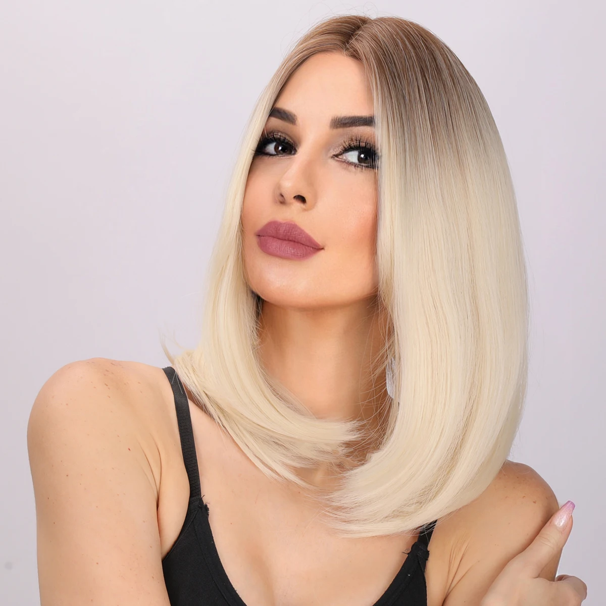 Smilco 18 Inch Short Synthetic Blonde Gradient Straight Wig For Women Daily Cosplay Bob Wigs Party Heat Resistant Fake Hair 2