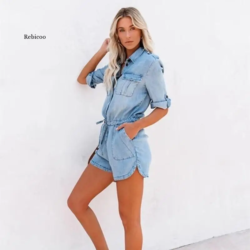 

2022 Summer Denim Short Jumpsuit Women Lapel Zipper Pockets Elastic Waist Retro Romper Palysuits Solid Overall Ladies England