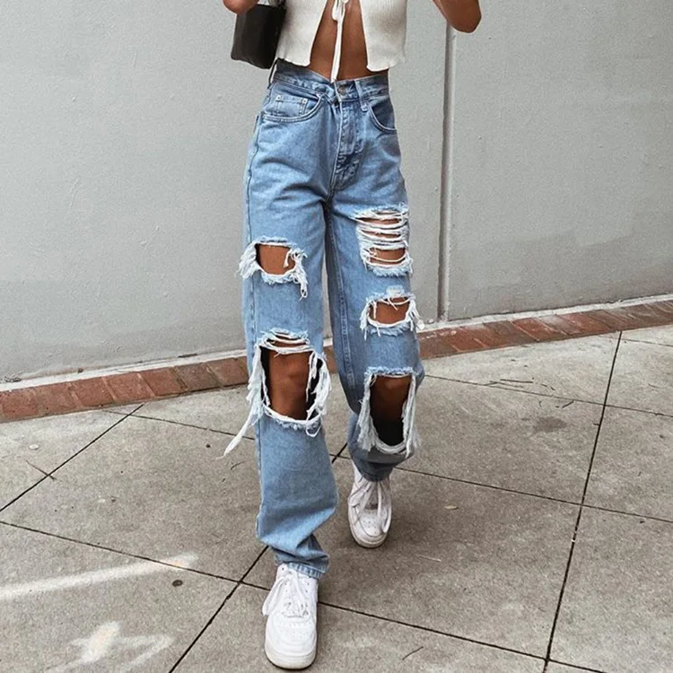 

Women's Fashion Sexy Jeans Casual Pants Big Holes Long Trousers Women Jeans Ripped Frayed Loose Denim Pants Women Clothing