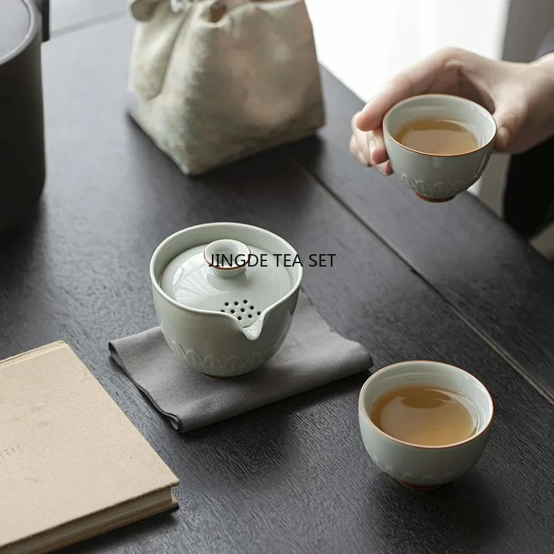 1 bowl 2 cups retro lotus leaf ceramic tea set travel tea art covered bowl kung fu tea set