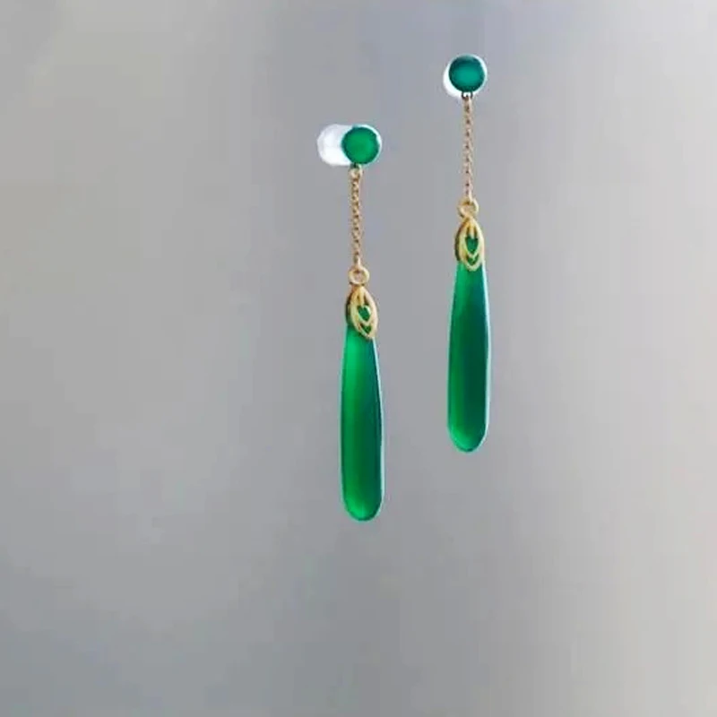 Chinese style retro S925 Sterling Silver Jade chalcedony Earrings