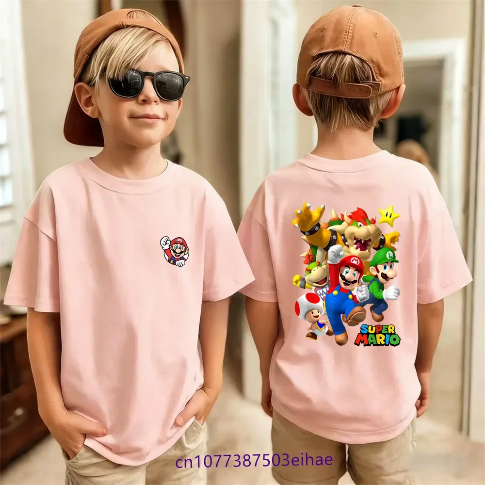 2026 새로운 슈퍼 마리오 애니메이션 어린이용 순면 티셔츠, 여름 패션 캐주얼 티셔츠, 유니섹스 통기성 탑 마리오 브라더스