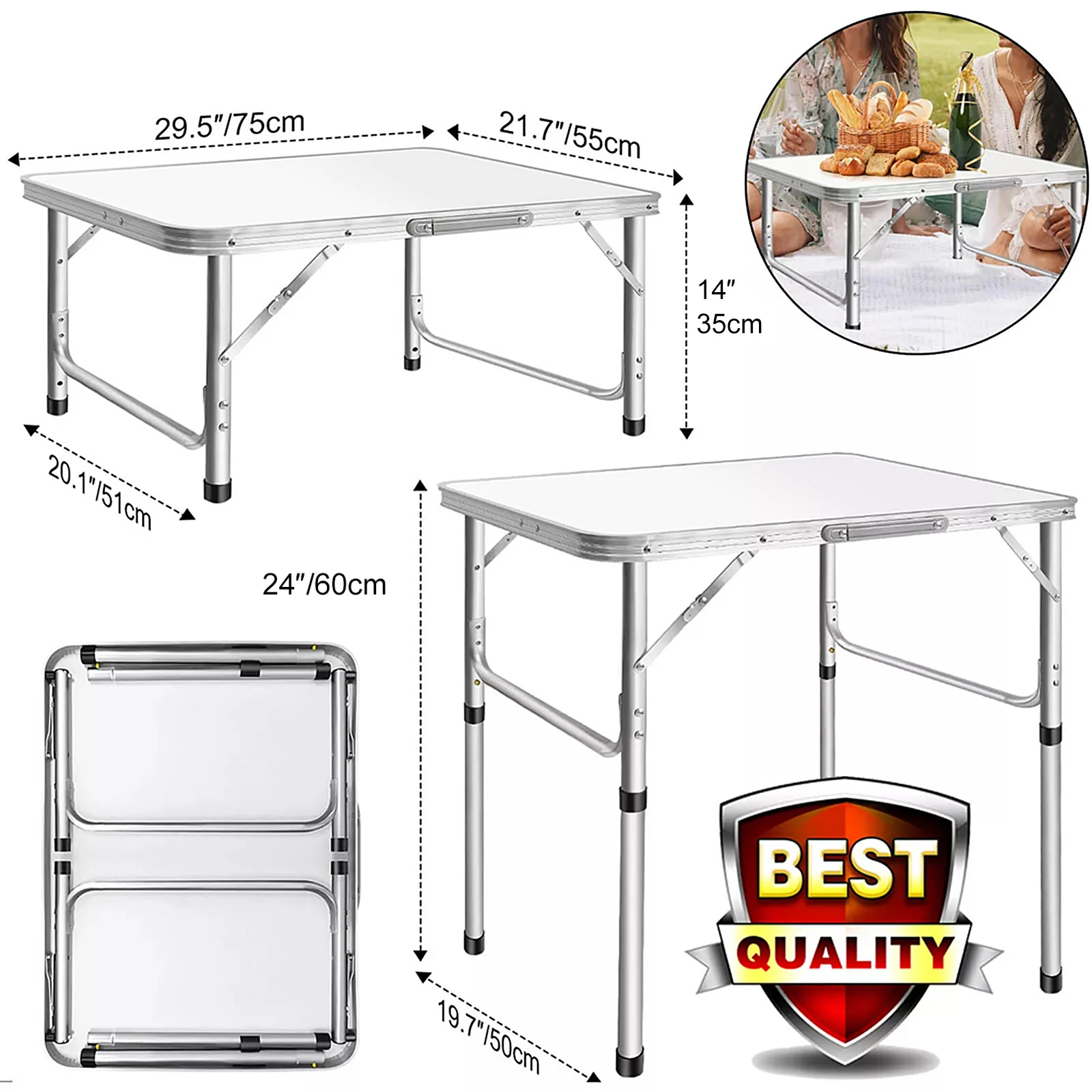 2FT/60CM Folding Table Portable Aluminium Dining Party Kitchen BBQ Trestle Outdoor Tool for Camping Picnic Garden 75x55x60cm