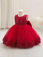 Robe de princesse pour enfants, robe à fleurs avec nœud brodé à la main, sans manches, robe de soirée, de noël et d'halloween, rouge 4