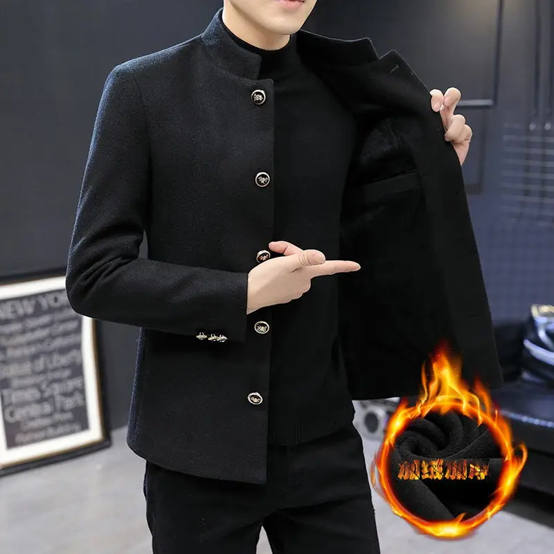 Boutique Men's Thickened Stand-up Collar Elegant Blazer Casual Korean Version Slim Youth Tunic Woolen Small Suit Jacket mens suit