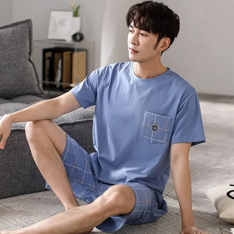 

s Set Pant 2 Sleepwear Waist Pajama Wear Short Pajamas Sleeve Home Summer Leisure Loose Piece Men Cotton Elastic Men's