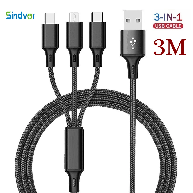 3 In 1 Charging Cable USB Type C Charger Cord 1.2M/2M/3M MultiPort Micro Cable For iPhone 15 14 Pro Max Samsung Galaxy Xiaomi 12