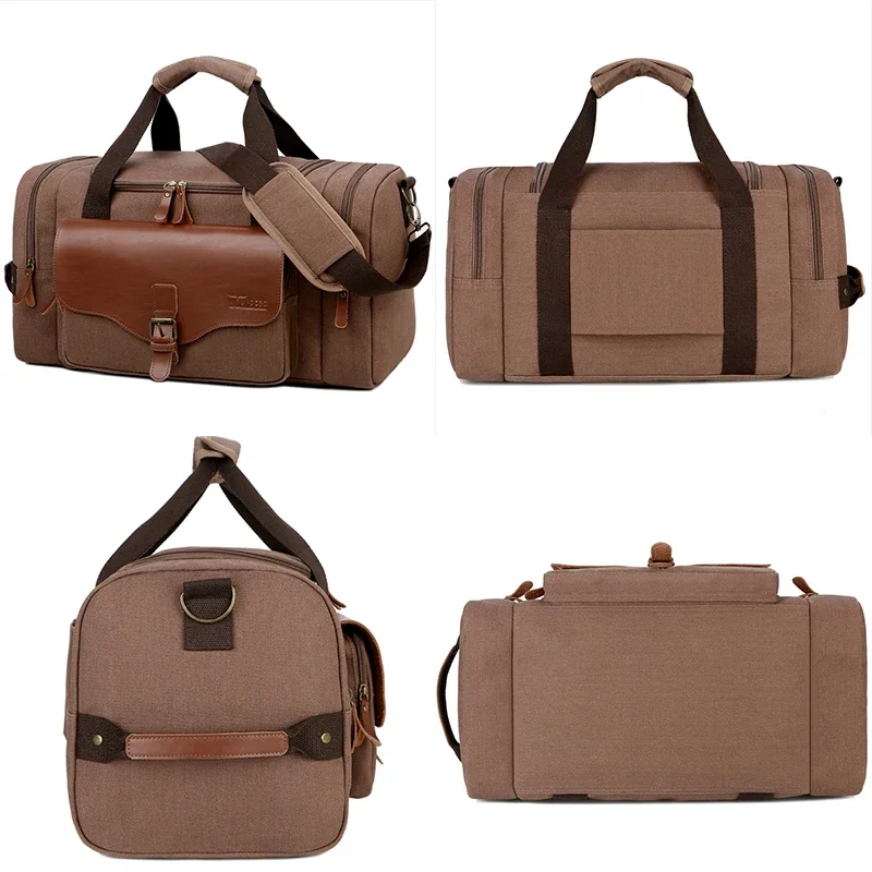 Men Large Capacity Weekend Bag Canvas Multifunction Leather Bags Carry on Luggage Bag Tote Utility Travel