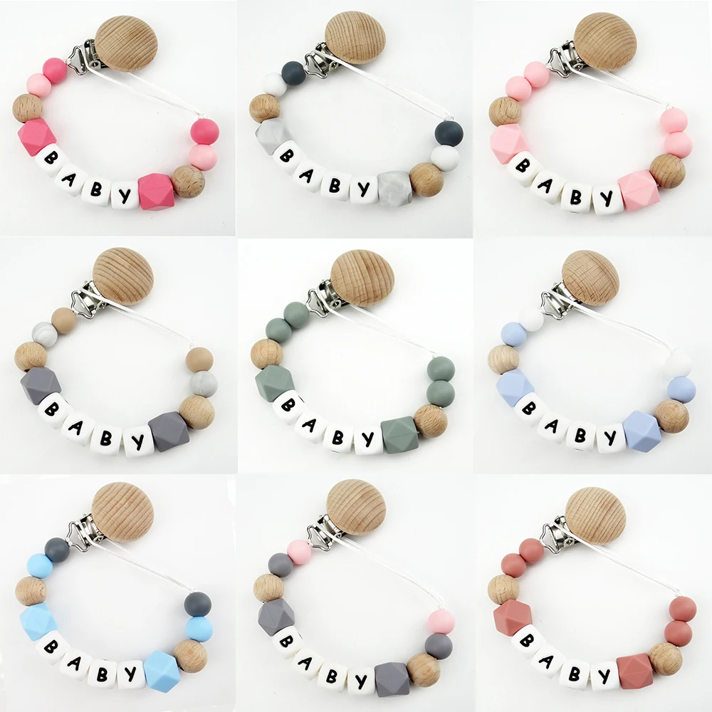 Pacifier Chain Pacifier Clip Pacifier Accessories Teether Clip 2PCS Personalized Name Pacifier Clips Silicone Letter Beads Teething Bracelet Wooden Nipple Holder Dummy Chain Baby Shower Gifts
