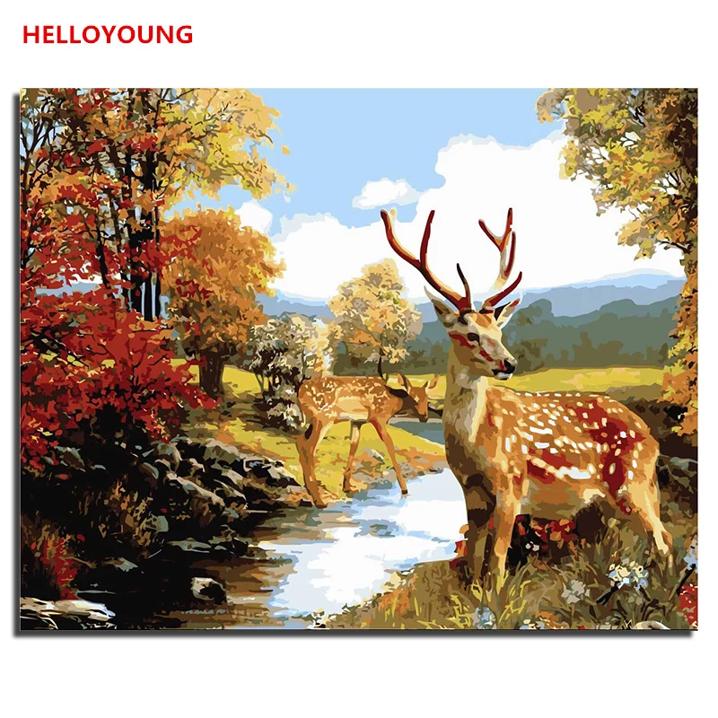 

HELLOYOUNG Digital Painting Handpainted Oil Painting Sika deer by numbers oil paintings chinese scroll paintings Home Decor
