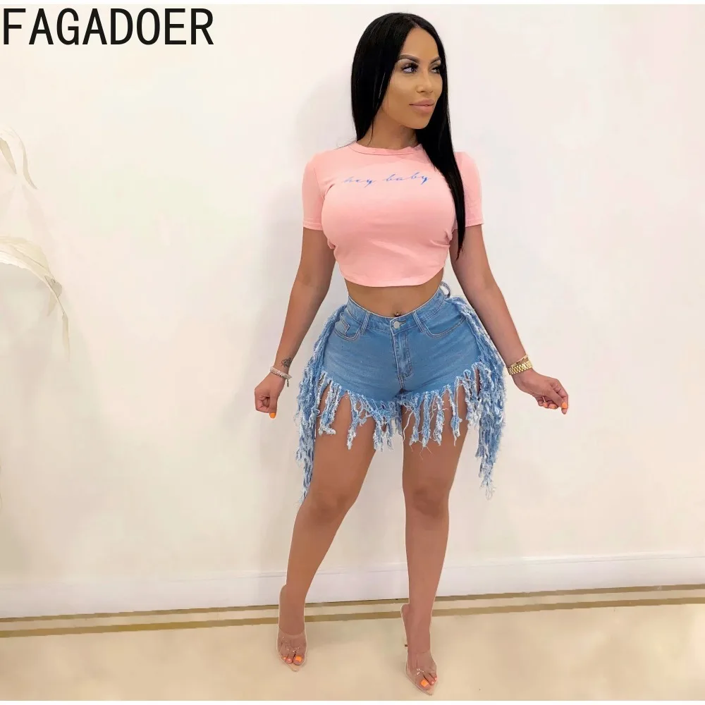 FAGADOER Summer New Denim Tassels Shorts Women High Waisted Button Elasticity Skinny Shorts Fashion Female Solid Cowboy Bottoms