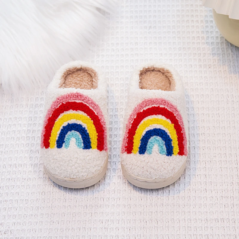 Rainbow Furry Kids Slippers Winter Soft Plush Home Shoes