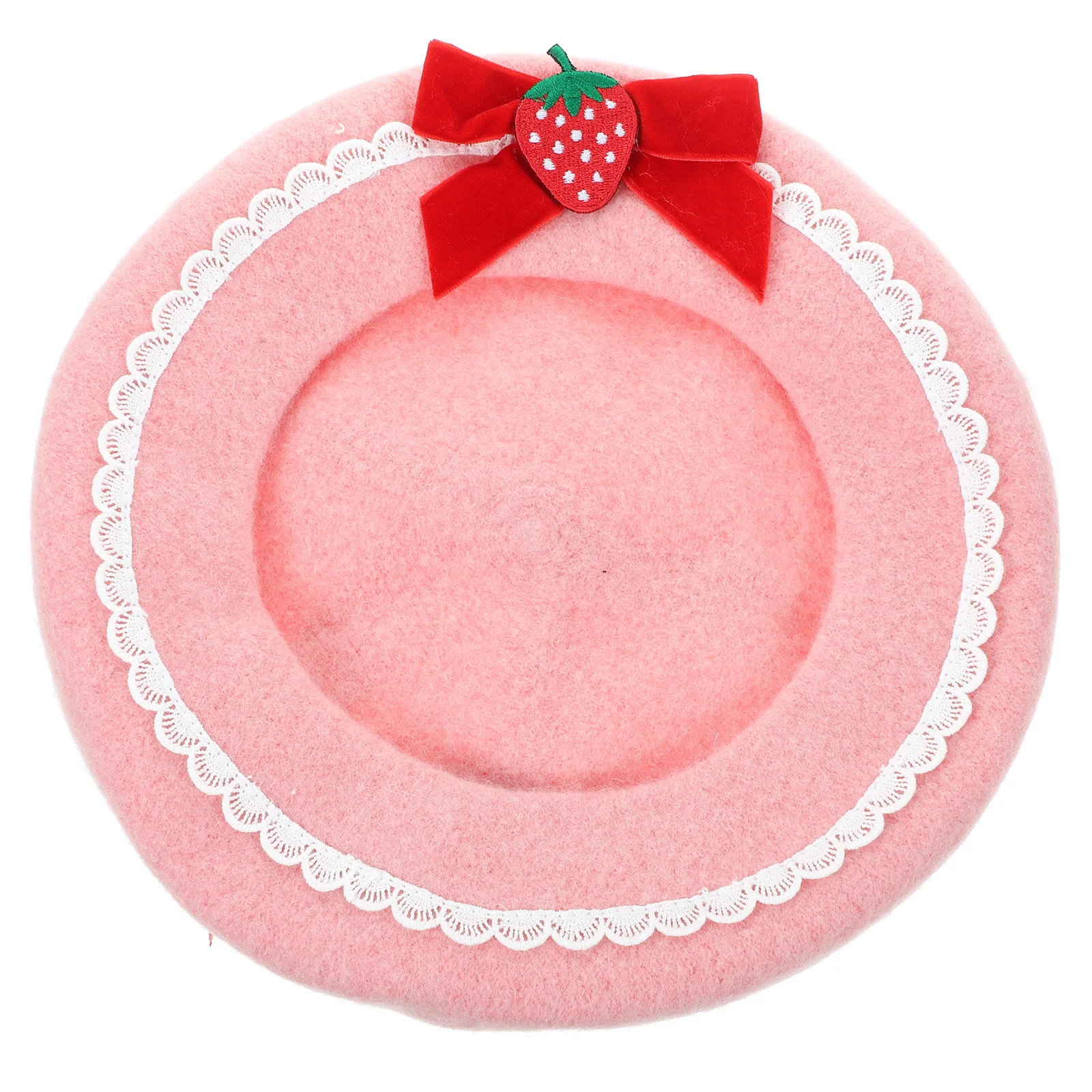 Berets Strawberry Bow Woolen French Beret Hat Wool Cap 56-58Cm Handmade Fashion Warm Hat Gift Halloween Christmas Xmas 3