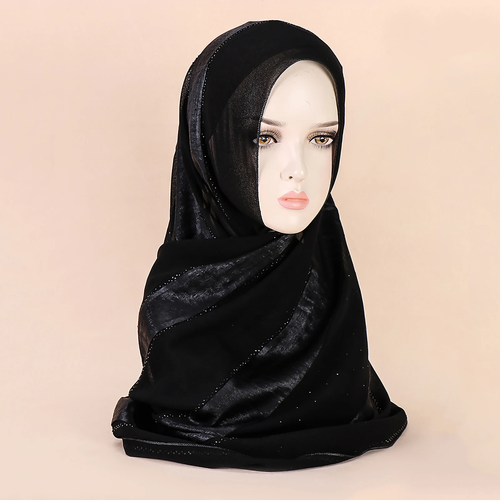 Middle Eastern New Gold Craft Fabric Splice Chiffon Handmade Diamond Decoration Versatile Muslim Women's Headband Scarf Hijab 5