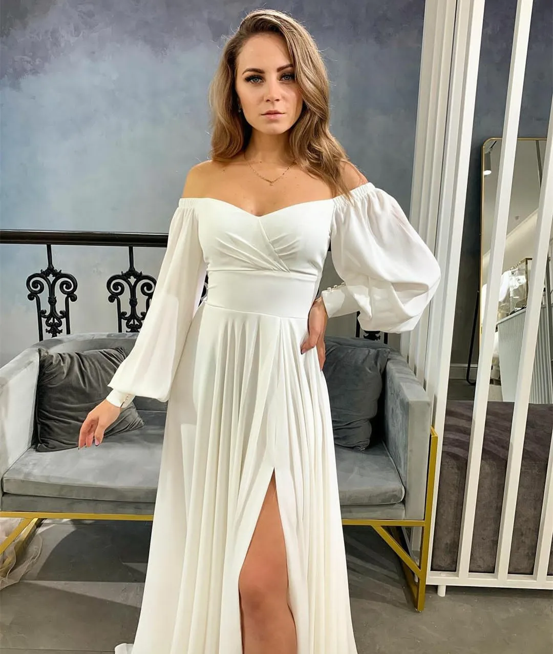 wedding dress for women Classic A-Line Chiffon Side Slit Ivory Wedding Dresses Long Sleeve Pleated Floor Length Bridal Gowns for Women vintage wedding dresses