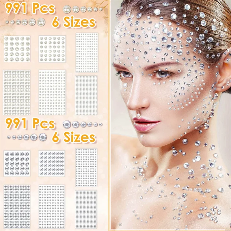 6pcs/set Pearl Rhinestone Face Stickers DIY Carnival Party Face Jewelry Eyes Rhinestone Crafts Decoration Accessories (3-10mm)