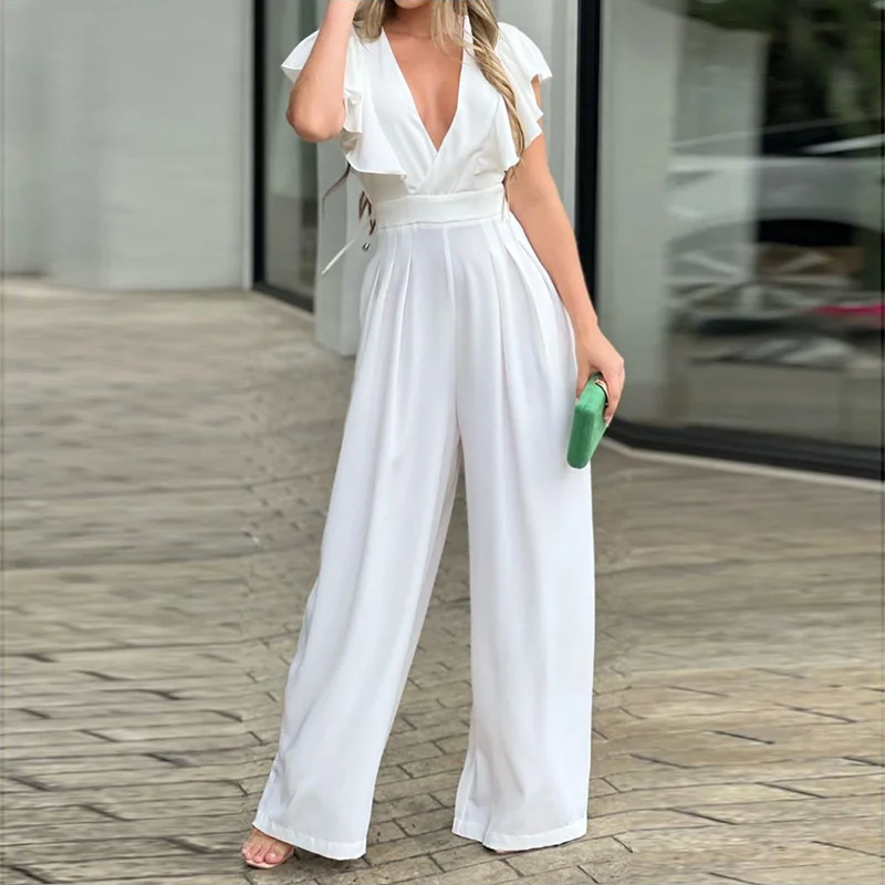 

Cutubly Female Overalls White Jumpsuits For Women Sexy Solid Deep V-Neck Ruffled Slim Fit Wide Leg Jumpsuit Street Club