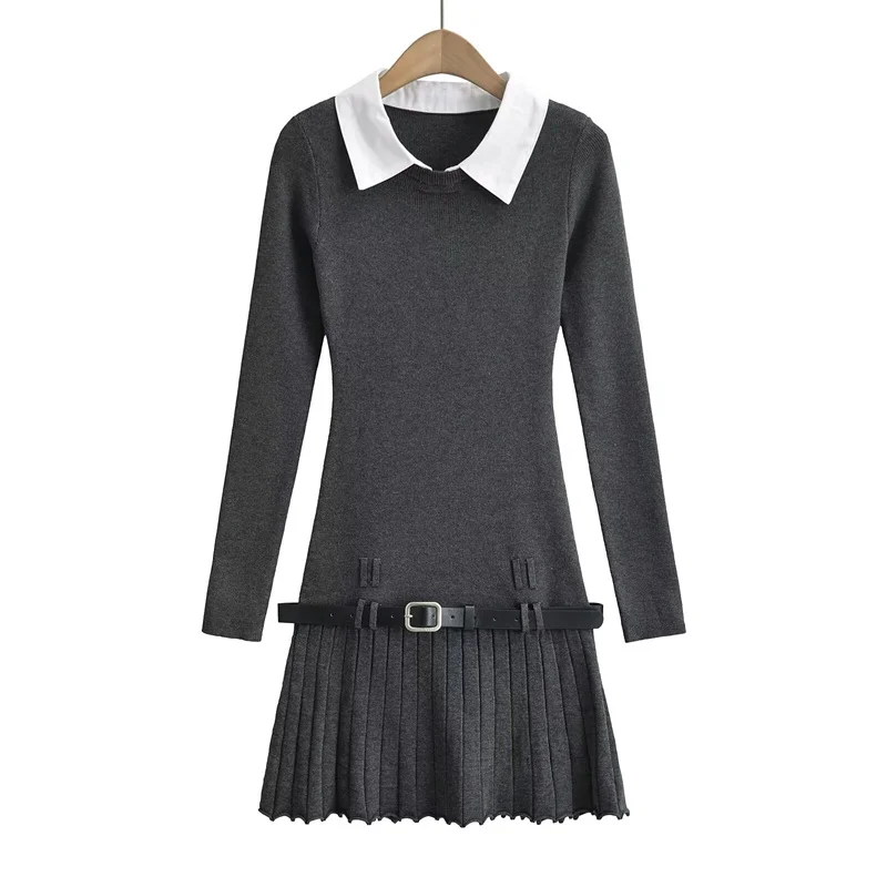 Korean Fashion Knitted Short Dresses for Women Autumn New Patchwork Long Sleeve Pleated A-line Y2K Sexy Party Dress with Belt