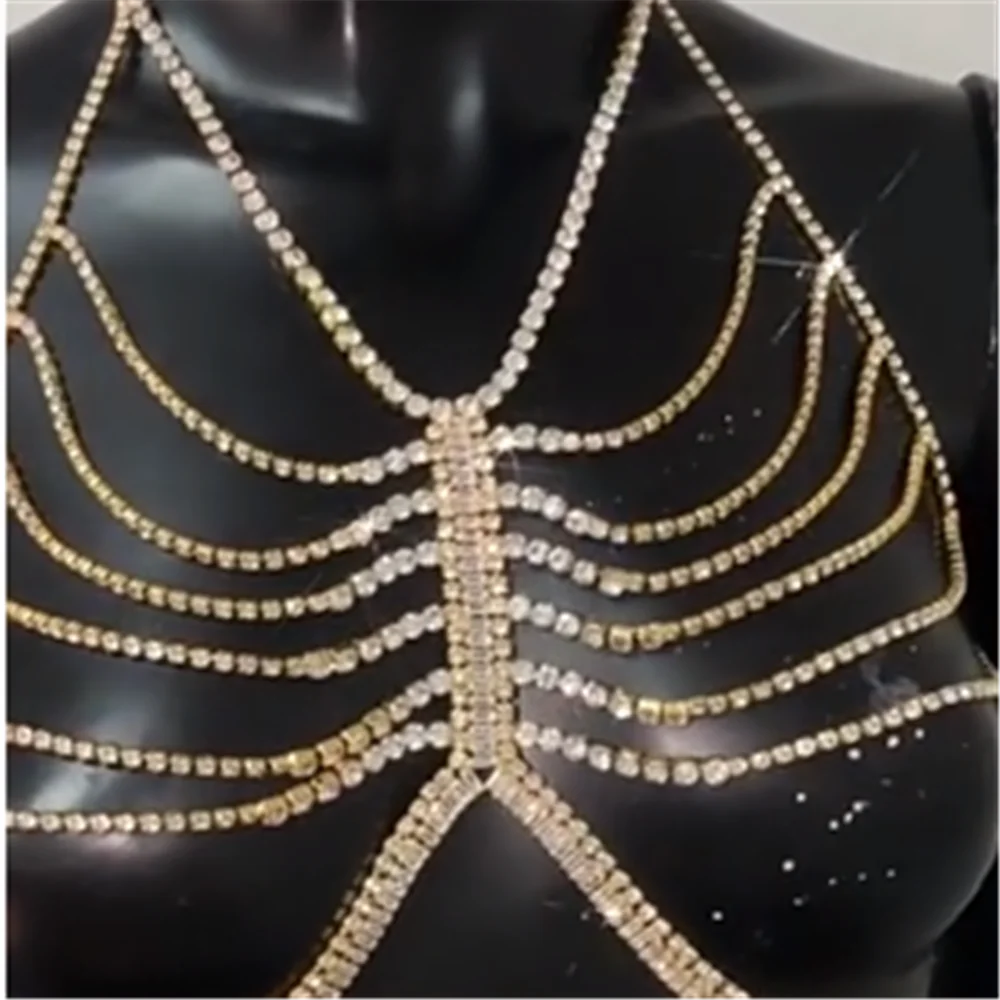 Luxury Rhinestone Zircon Multi-layer Body Chest Chain Harness Necklace Body Jewelry for Women Crystal Sexy Bikini Top Bra Breast