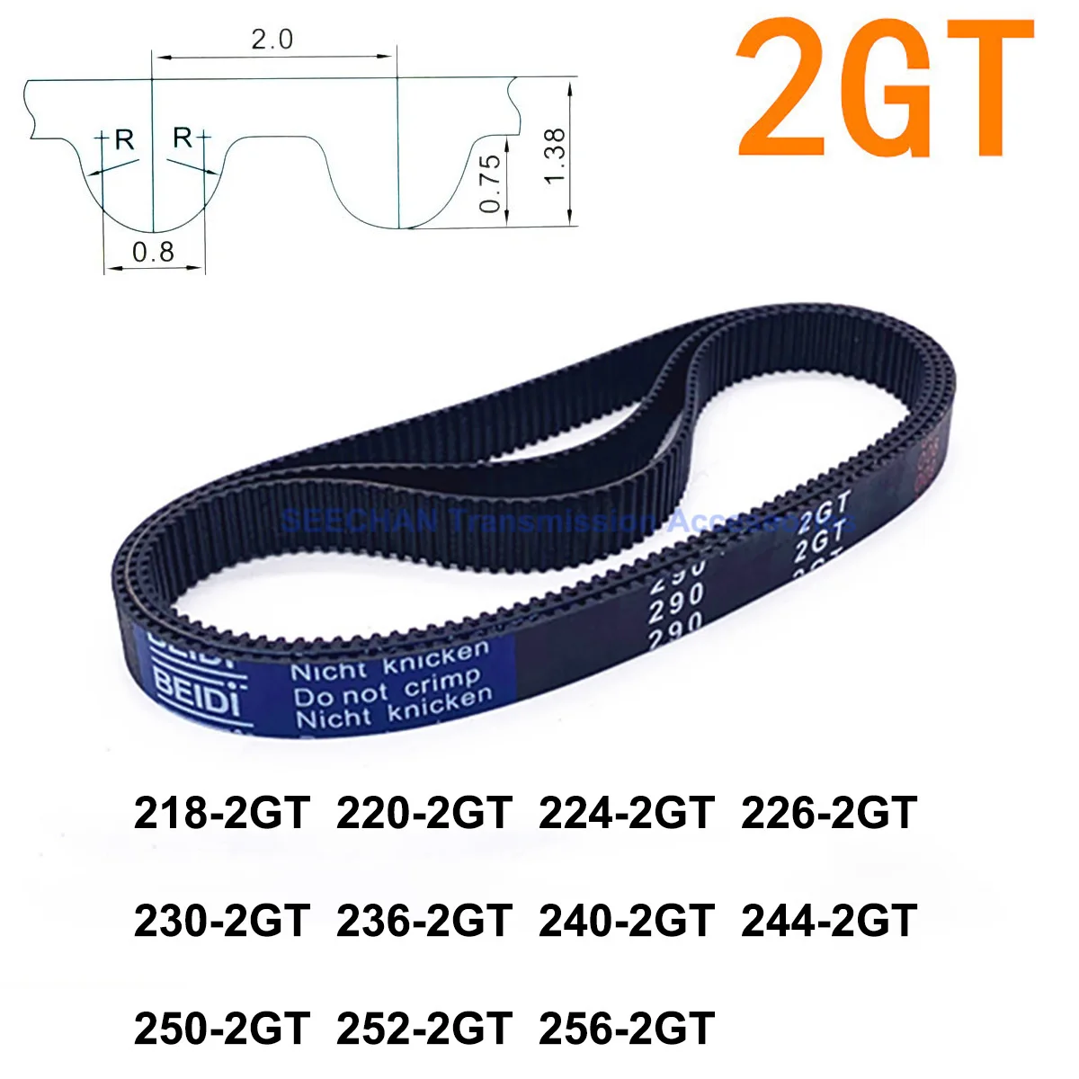 

2GT Rubber Timing Belt Pitch Length 218 220 224 226 230 236 240 244 250 252 256mm Width 6mm 10mm Closed Loop Synchronous Belt