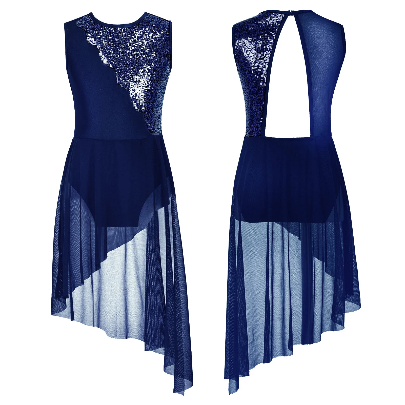 thumbnail image 1 of Vestido de competición de baile de Ballet para niñas pequeñas, ropa de baile con lentejuelas brillantes, sin mangas, dobladillo Irregular, espalda hueca, 1 of 5