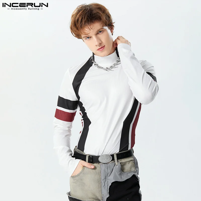 2024 Men's T Shirt Patchwork Turtleneck Long Sleeve Male Crop Tops Streetwear Fitness Fashion Casual Camisetas S-5XL INCERUN