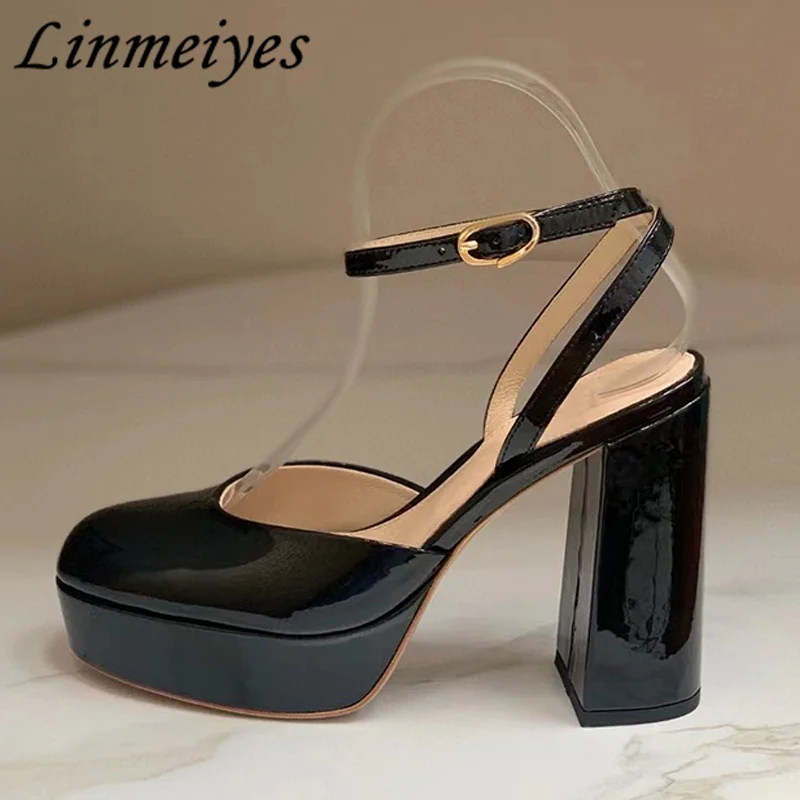 

New Pattern Thick Sole High Heels Shoes Women Patent Leather Pointy Toe Buckle Strap Runway Shoes Woman Fashion Sexy Pumps Women