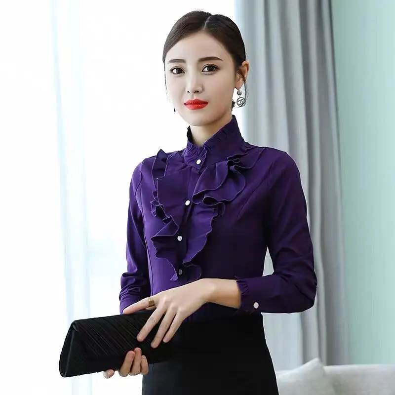 Women Formal Business Work Blouse Elegant Office Lady Flounce Ruffles Stand Neck Purple Palace Shorts Long Sleeve Luxury Tops
