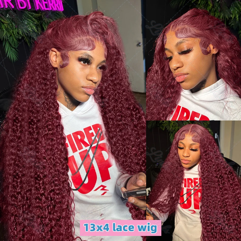 99J Burgundy Deep Wave 13x4 13x6 HD Transparent Lace Frontal Wigs Remy Water Curly 30 32 Inch for Women