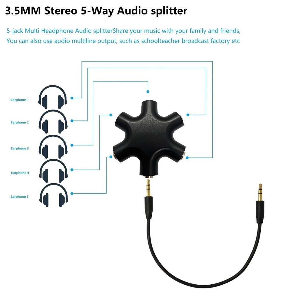 5-Jack Female Connector Adapter 3.5mm Multi Headphone Audio Splitter with 3.5mm Stereo Cable 20cm Digital Audio Video Cables - 3