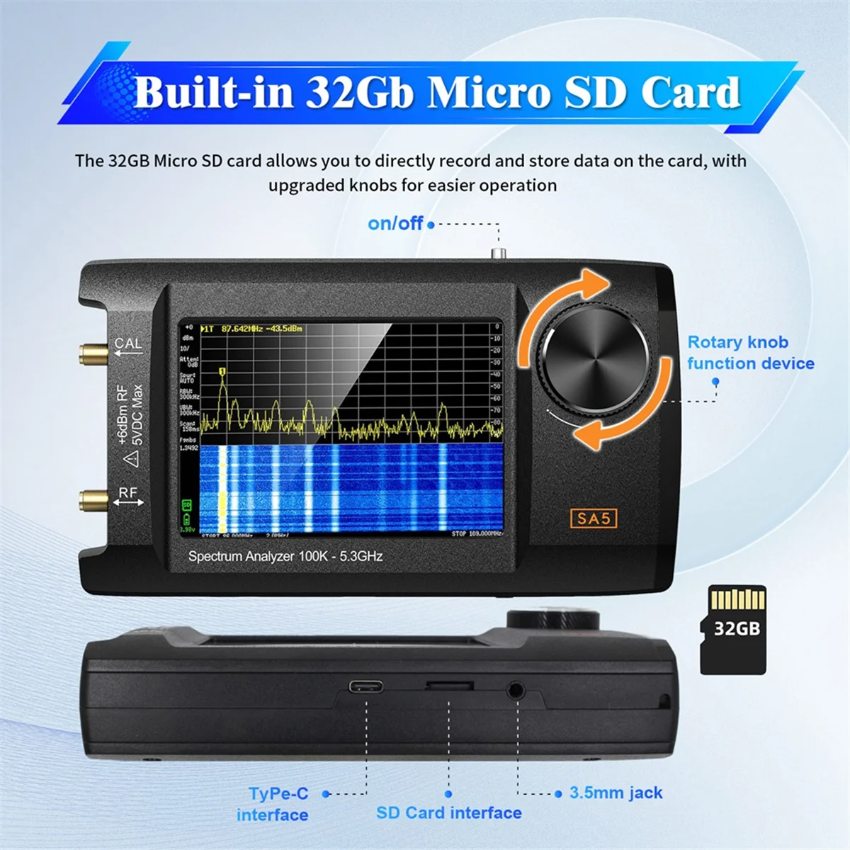ABKO-Newest 4in IPS LCD SA5 Spectrum Analyzer Handheld Spectrum Anslyzer 100k-5.3GHz Signal Generator with 32GB Card Version