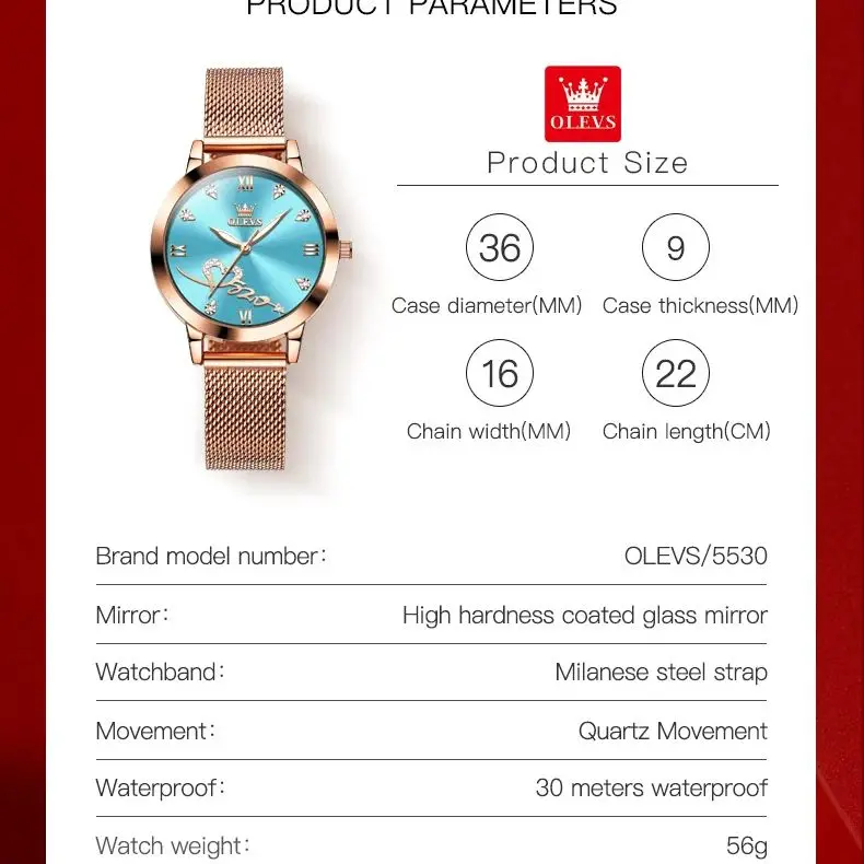 OLEVS 5530 Luxury Love Heart Diamond Ladies Watches Stainless Steel Mesh Strap Waterproof Quartz Wristwatch for Women Gift 6